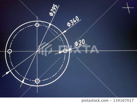 Drawing of a Circle With Measurements and Angles Indicated in a Simple Design on a Dark Background 134167017