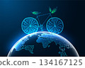Eco Bicycle on Digital Earth Globe. Sustainable Cycling Green Technology Low Poly Futuristic Vector 134167125
