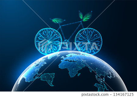 Eco Bicycle on Digital Earth Globe. Sustainable Cycling Green Technology Low Poly Futuristic Vector 134167125