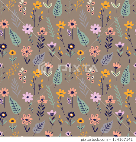 Seamless pattern with delicate multicolored flowers, leaves and branches on a brown background. Flat vector illustration	 134167141