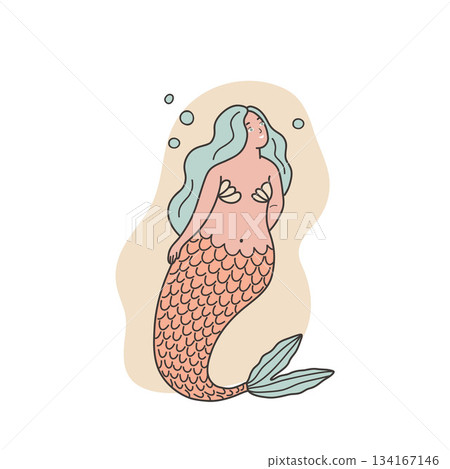 Mermaid with flowing hair gracefully swims underwater, Flat vector illustration isolated on white background.	 134167146