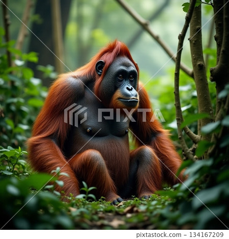 AI generated Calm male orangutan in dense rainforest with scenic lighting and greenery 134167209