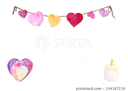 White burning candle with paper hearts hanging on a string watercolor horizontal card isolated on white. Hand painted high quality art. Perfect for posters, St Valentine day, invitations, stickers White burning candle with paper hearts hanging on a string watercolor horizontal card isolated on white. Hand painted high quality art. Perfect for posters, St Valentine day, invitations, stickers 134167219