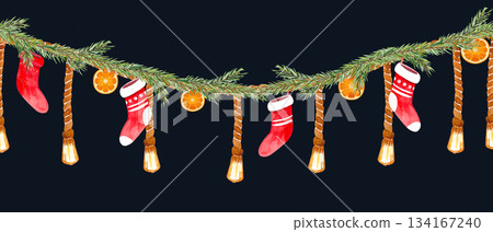 Christmas pine garland, glowing lights, oranges, red stockings on black. Hand-painted watercolor seamless border in warm colors, perfect for winter cards, home decor, packaging, holiday invitations. 134167240