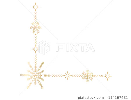 Golden corner border with snowflakes and bright stars. Stylish straight Christmas ornament for greeting cards, winter compositions, seasonal decoration and elegant layouts. Vector design. Golden corner border with snowflakes and bright stars. Stylish straight Christmas ornament for greeting cards, winter compositions, seasonal decoration and elegant layouts. Vector design. 134167481
