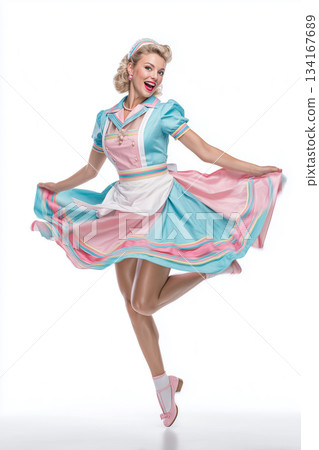 Retro-pop uniform waitress | Service industry image material with a cute pose with her skirt spread Retro-pop uniform waitress | Service industry image material with a cute pose with her skirt spread 134167689