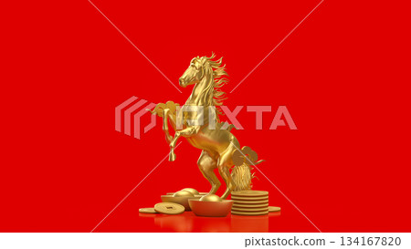 Golden Rearing Horse with Chinese Wealth Symbols on Red 3d render. 134167820