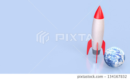 Colorful Rocket beside Earth Globe on Soft Blue Background 3d render. Colorful Rocket beside Earth Globe on Soft Blue Background 3d render. 134167832