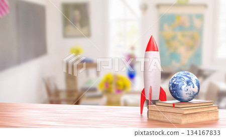 Rocket and Earth Globe on Books in Bright Classroom Setting 3d render 134167833