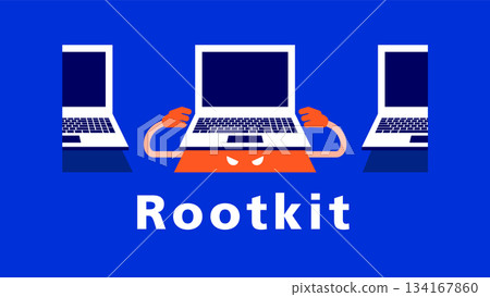Illustration of rootkit malware hiding in the shadows of a laptop 134167860