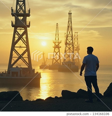 AI generated Solitary individual surveys faraway complex drilling devices bathed 134168106