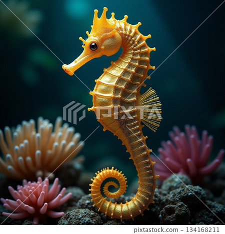 AI generated Golden seahorse with spiral tail guards colorful underwater environment 134168211