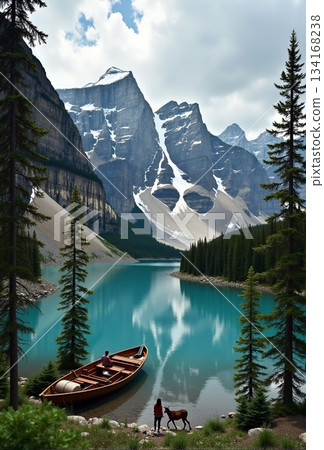 AI generated. Serene canoeing experience amid snowcovered mountain scenery and pines 134168238