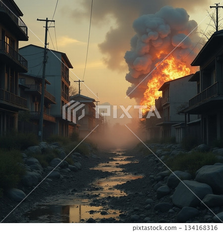 Dramatic fire and smoke rise over abandoned town landscape Generative AI Dramatic fire and smoke rise over abandoned town landscape Generative AI 134168316