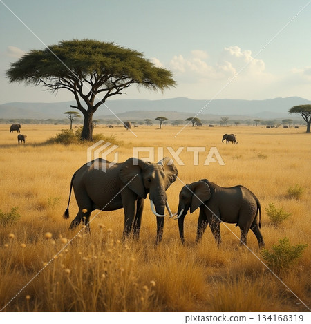 AI generated Graceful elephants journey through expansive wilderness under sunlit skies 134168319