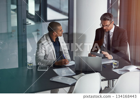Planning, tablet and business men meeting, advice and consulting for financial help, discussion or review in office. Professional people, leader or accountant on tech behind window reflection Planning, tablet and business men meeting, advice and consulting for financial help, discussion or review in office. Professional people, leader or accountant on tech behind window reflection 134168443