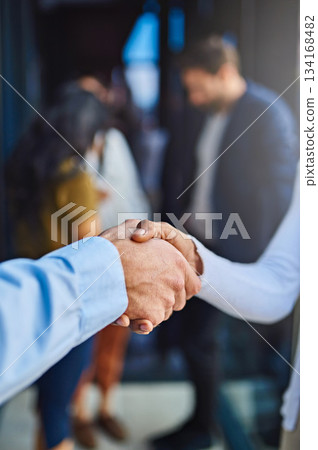 Shaking hands, business people in collaboration and partner, trust in team with thank you and onboarding or hiring. Professional agreement, employees with handshake with contract deal and teamwork 134168482