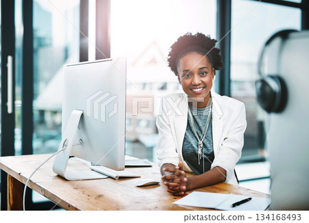 Business, portrait and black woman with a smile, startup success and computer with confidence, career and professional. Face, female person or employee with happiness, pc or development for a project 134168493