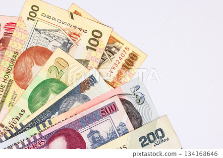 Collection of Honduras money banknotes arranged on different denominations designs 134168646