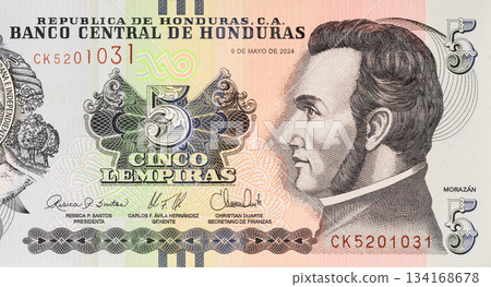 Honduras uses lempira as its official currency, with 5 lempira banknote printed by Banco Central de Honduras. 134168678
