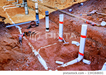 Installation of new plumbing pipes in construction site Installation of new plumbing pipes in construction site 134168691
