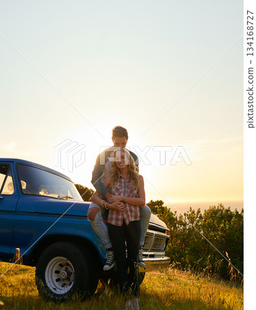 Kiss, truck or happy couple in nature on romantic holiday vacation for bonding on road trip date on mockup. Car travel, space or people hugging to embrace on summer weekend break with romance in park 134168727