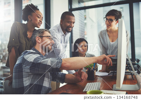 Teamwork, computer and strategy with business people in meeting for project management, review or planning. Technology, website and training with employees in office for collaboration and idea Teamwork, computer and strategy with business people in meeting for project management, review or planning. Technology, website and training with employees in office for collaboration and idea 134168748