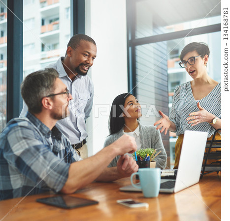 Teamwork, laptop and idea with business people in meeting for project management, review or planning. Technology, website and training with group of employees in office for collaboration and coaching 134168781