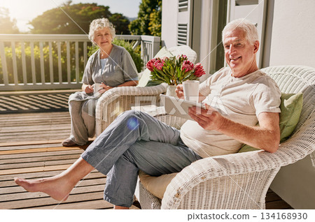 Morning, patio and portrait of senior couple with coffee enjoying bonding, quality time and relax on deck. Love, retirement and elderly man and woman smile with drink for breakfast outdoors at home 134168930