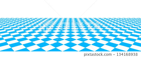 Blue checkerboard floor fading in perspective. Pool checkered tile pattern background. Retro horizontal chess board grid plane surface. Vintage empty bath room checker stage. Vector kitchen floor 134168938