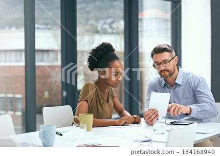 Teamwork, ideas and employees with a tablet, brainstorming and online reading with social media. Staff, black woman or man with technology, email and meeting with collaboration, talking or innovation 134168940