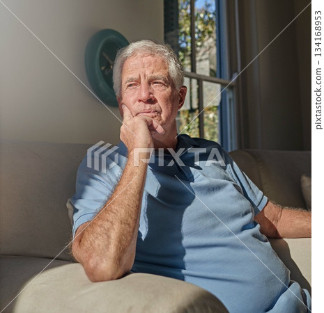 Lonely senior man thinking in home, couch and lounge about future anxiety, remember memory and alzheimer. Retirement, elderly male and nostalgia memories on sofa, depression and dementia in isolation Lonely senior man thinking in home, couch and lounge about future anxiety, remember memory and alzheimer. Retirement, elderly male and nostalgia memories on sofa, depression and dementia in isolation 134168953