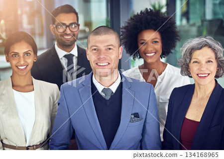 Portrait, diversity and smile of business people in office, confident collaboration and corporate management. Group, professional teamwork and face of happy staff, commitment and global solidarity 134168965