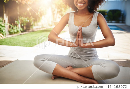 Happy woman, hands and yoga in meditation for relax, zen workout or healthy exercise on floor mat. Hand of African female yogi and smile in meditate or namaste pose for mind, body or spiritual health Happy woman, hands and yoga in meditation for relax, zen workout or healthy exercise on floor mat. Hand of African female yogi and smile in meditate or namaste pose for mind, body or spiritual health 134168972