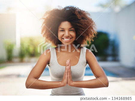 Happy woman, portrait and yoga in meditation for zen, spiritual wellness or healthy exercise outdoors. Calm African female yogi with smile in meditate for training, mind or body in health and fitness Happy woman, portrait and yoga in meditation for zen, spiritual wellness or healthy exercise outdoors. Calm African female yogi with smile in meditate for training, mind or body in health and fitness 134168985