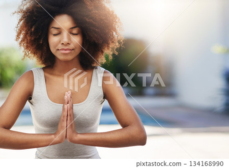 Calm woman, hands and yoga in meditation for zen, spiritual wellness or healthy exercise outdoors. African female meditating in relax, mind or awareness for mental health and wellbeing on mockup Calm woman, hands and yoga in meditation for zen, spiritual wellness or healthy exercise outdoors. African female meditating in relax, mind or awareness for mental health and wellbeing on mockup 134168990