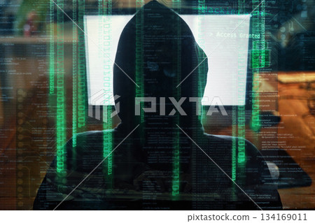 Hacker, man hoodie and computer screen for software hacking, coding or programming at night in digital overlay. Data code, html and programmer or hacker person from behind, cybersecurity and desktop 134169011
