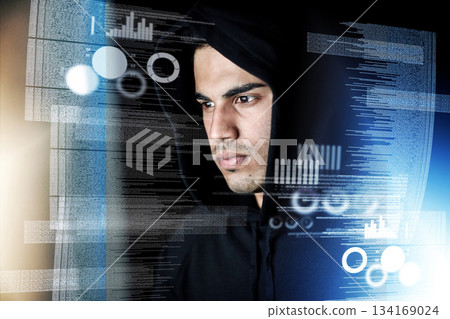 Data analysis, digital overlay and man, hacker or programmer in night hacking, programming or fintech crime. Software coding, information technology and focus person in hoodie for cybersecurity fraud Data analysis, digital overlay and man, hacker or programmer in night hacking, programming or fintech crime. Software coding, information technology and focus person in hoodie for cybersecurity fraud 134169024