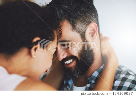 Happy, marriage and face of couple in home for commitment, loving embrace and trust for bonding. Love, relationship and man and woman smile together for romantic moment, care and intimacy in house Happy, marriage and face of couple in home for commitment, loving embrace and trust for bonding. Love, relationship and man and woman smile together for romantic moment, care and intimacy in house 134169057