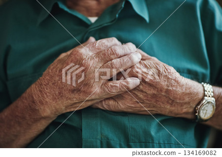 Senior man, hands on chest and heart attack, sick or medical emergency. Pain, cardiology and elderly male person with cardiac arrest, heartburn or stroke, breathing problem or retirement health risk. Senior man, hands on chest and heart attack, sick or medical emergency. Pain, cardiology and elderly male person with cardiac arrest, heartburn or stroke, breathing problem or retirement health risk. 134169082