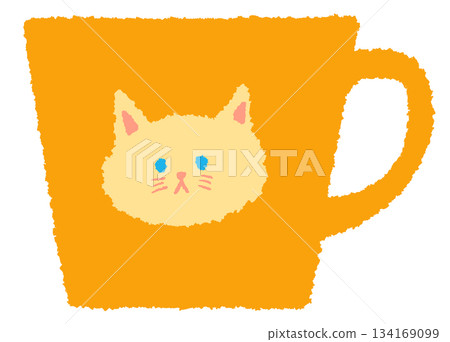 插畫素材：一個黃色馬克杯，上面印著簡單的貓咪圖案 134169099