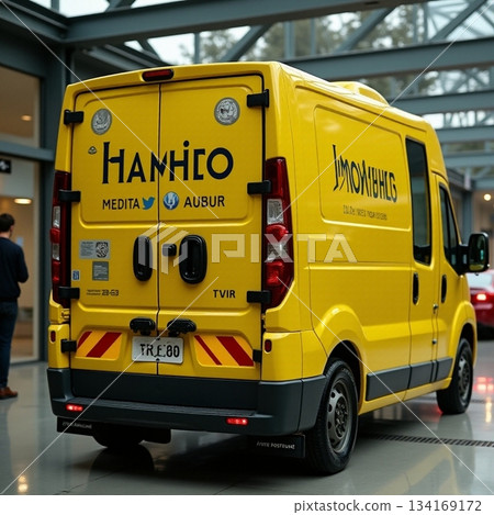 AI generated Brightly colored cargo van parked amidst contemporary industrial buildings 134169172