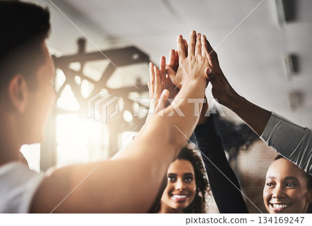 Fitness, support and high five of people in gym for motivation, teamwork and target. Workout, exercise and training with hands of friends in sports center for team building, challenge and achievement 134169247
