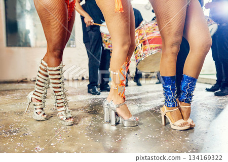Samba, dance and carnival with shoes of women for party, new year celebration and festival in rio de janeiro. Fashion, music and performance with brazil girl dancer for show, culture and event Samba, dance and carnival with shoes of women for party, new year celebration and festival in rio de janeiro. Fashion, music and performance with brazil girl dancer for show, culture and event 134169322