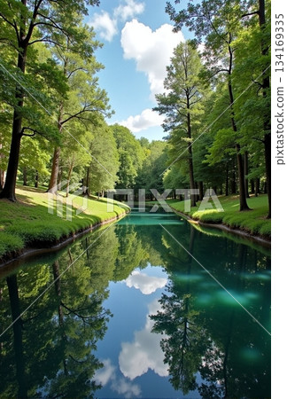 AI generated Calm water scene with trees, Serene river landscape with lush greenery 134169335