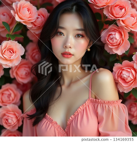 AI generated Attractive youthful female exhibits mesmerizing stare among lively flower AI generated Attractive youthful female exhibits mesmerizing stare among lively flower 134169355