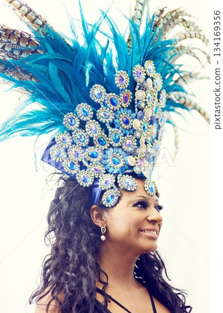 Samba, music and dance with woman at carnival for celebration, party and festival in Rio de Janeiro. Summer break, show and creative with brazil girl for performance, holiday and culture event 134169356