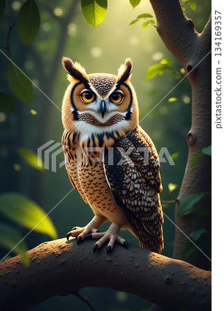 AI generated Inquisitive owl on branch, Curious owl surveys sunrise from leafy perch AI generated Inquisitive owl on branch, Curious owl surveys sunrise from leafy perch 134169357