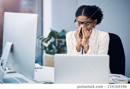 Business woman, vision problem with stress and crisis at work, corporate fatigue with headache and burnout. Professional female person with migraine, frustrated with laptop glitch and tired in office 134169396