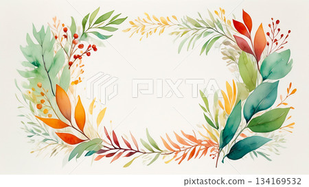 Watercolor autumn leaves wreath frame: A gentle botanical decorative frame 134169532